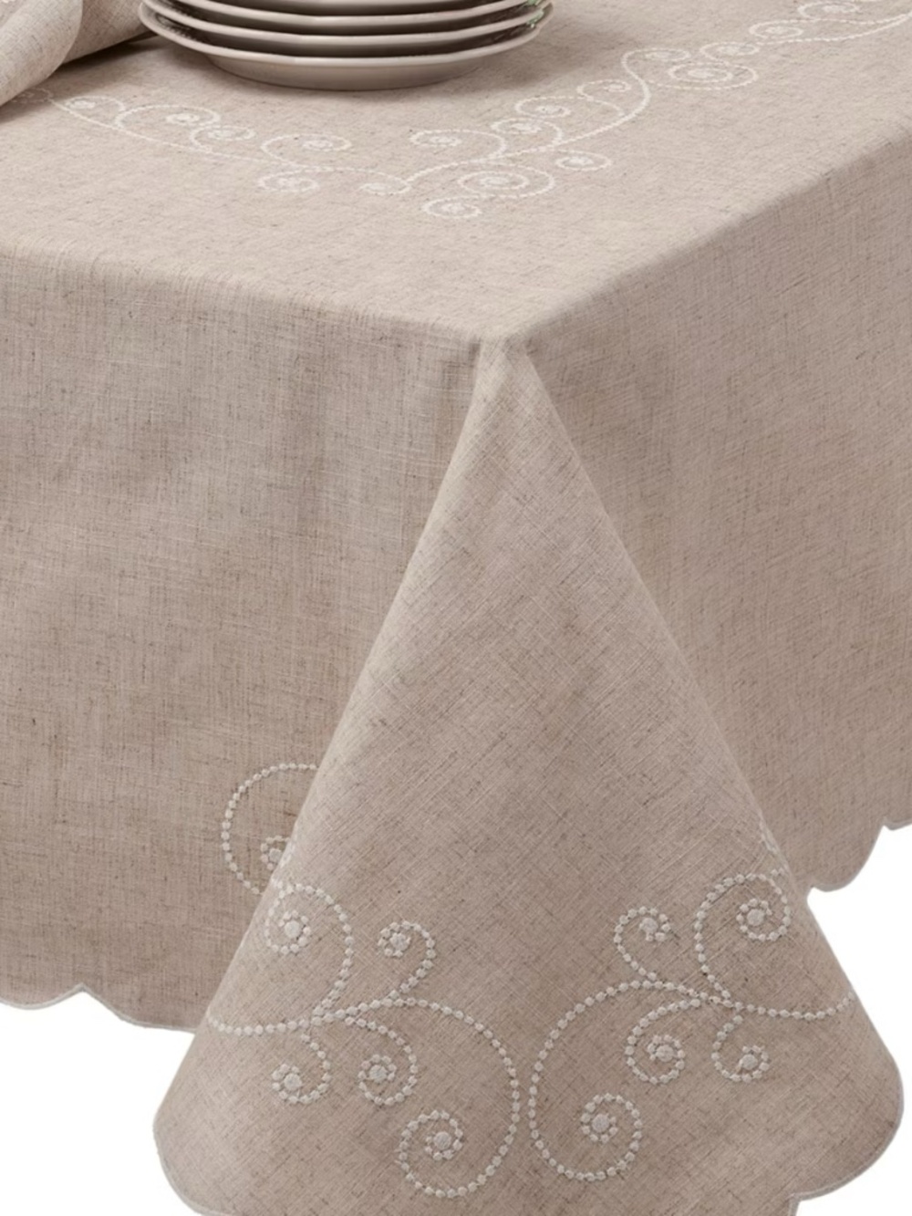 Lenox French Perle Linen Embroidered Tablecloth Linen 60 W X 120 L